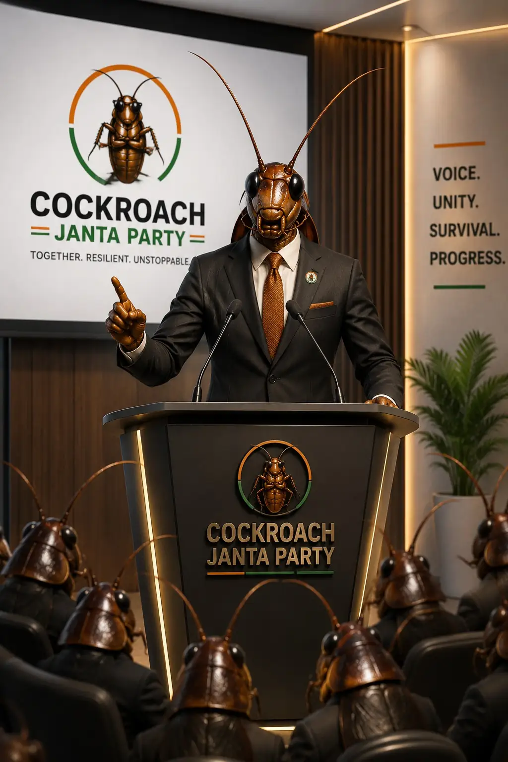 Cockroach Janta Party banner with the crowd raising fists